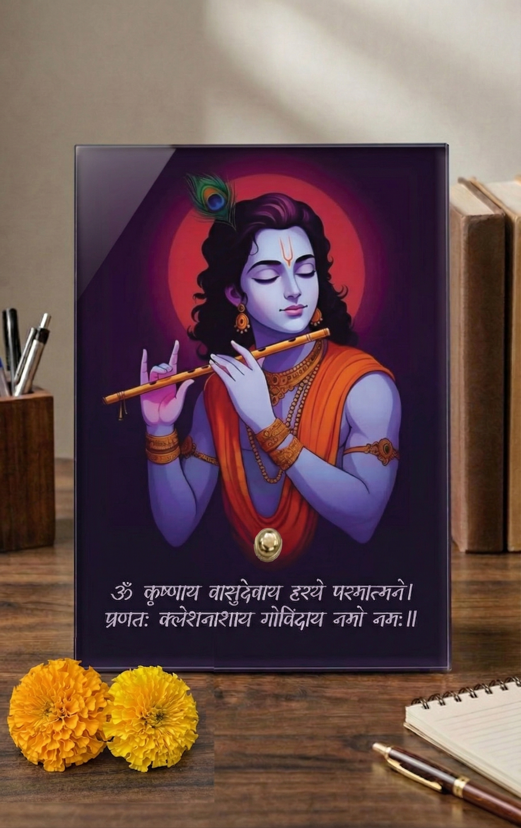 Shri Krishna Acrylic Photo Frame with Golden Standoff