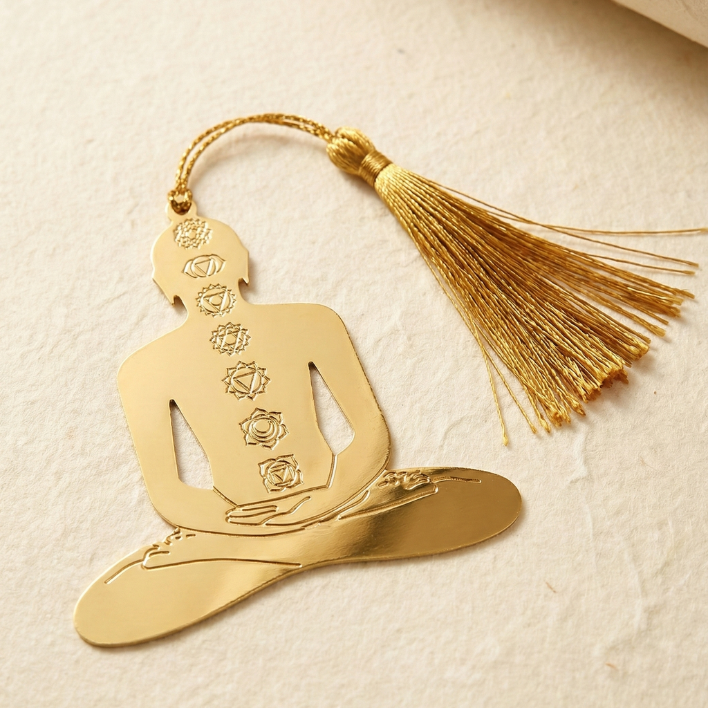 Gold Yogi bookmark with tassel on a textured beige background