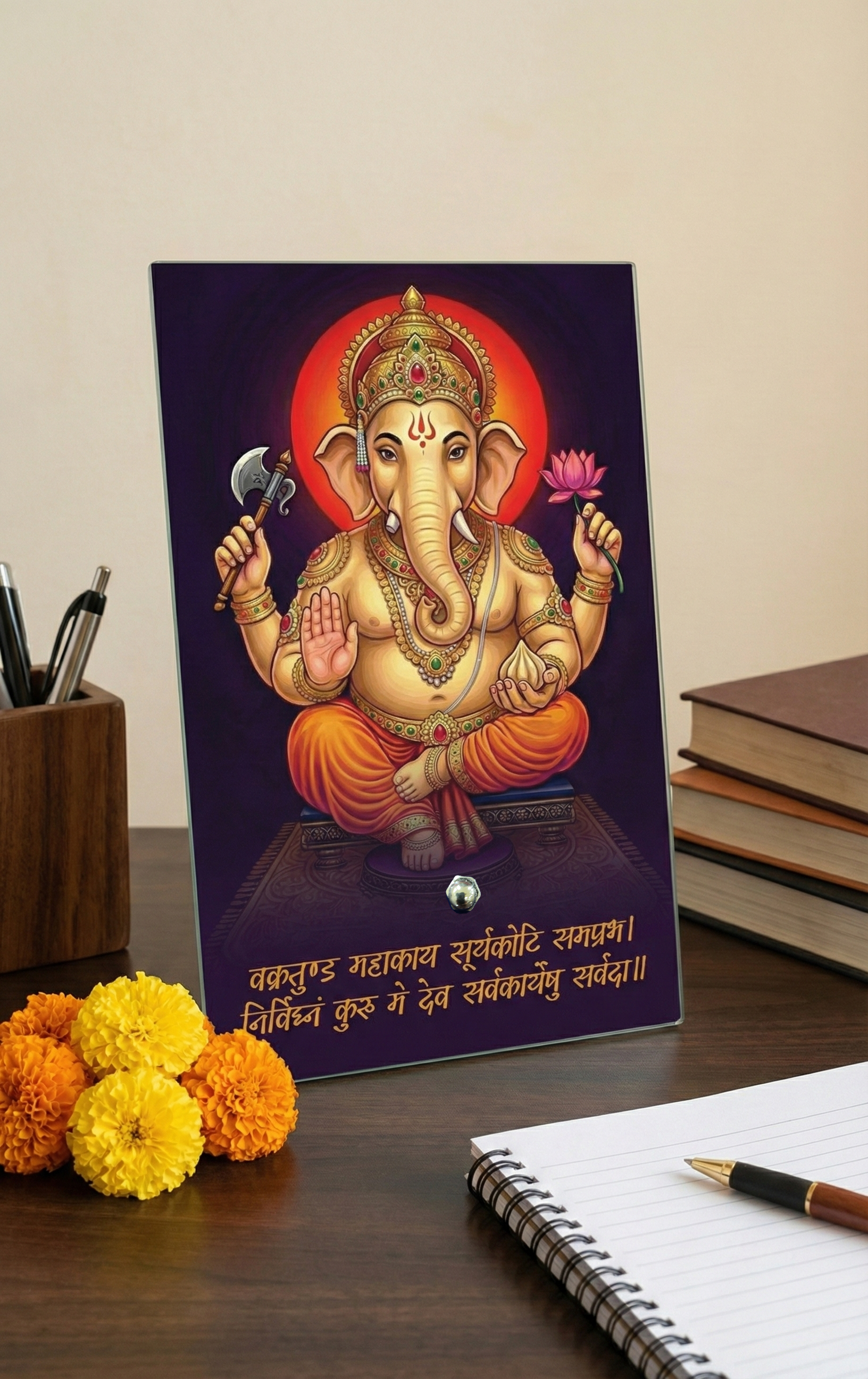 Divine Lord Ganesha Acrylic Photo Frame with Golden Standoff