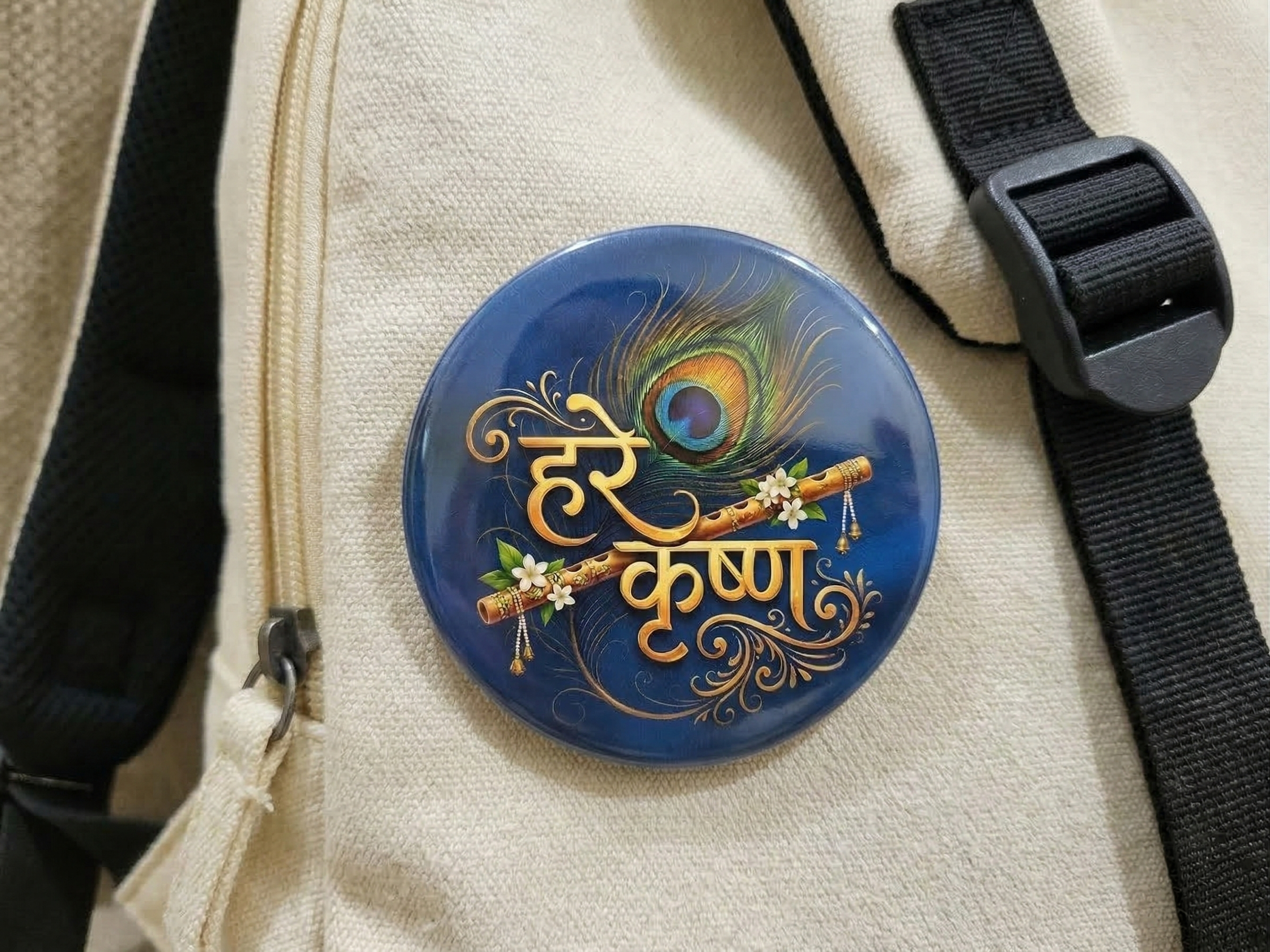 Hare Krishn Round Shaped Pin Badge and Fridge Magnet