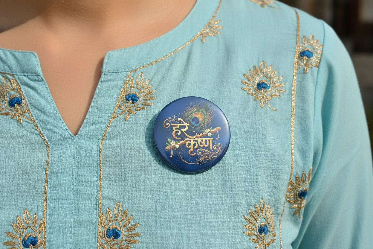 Hare Krishn Round Shaped Pin Badge and Fridge Magnet