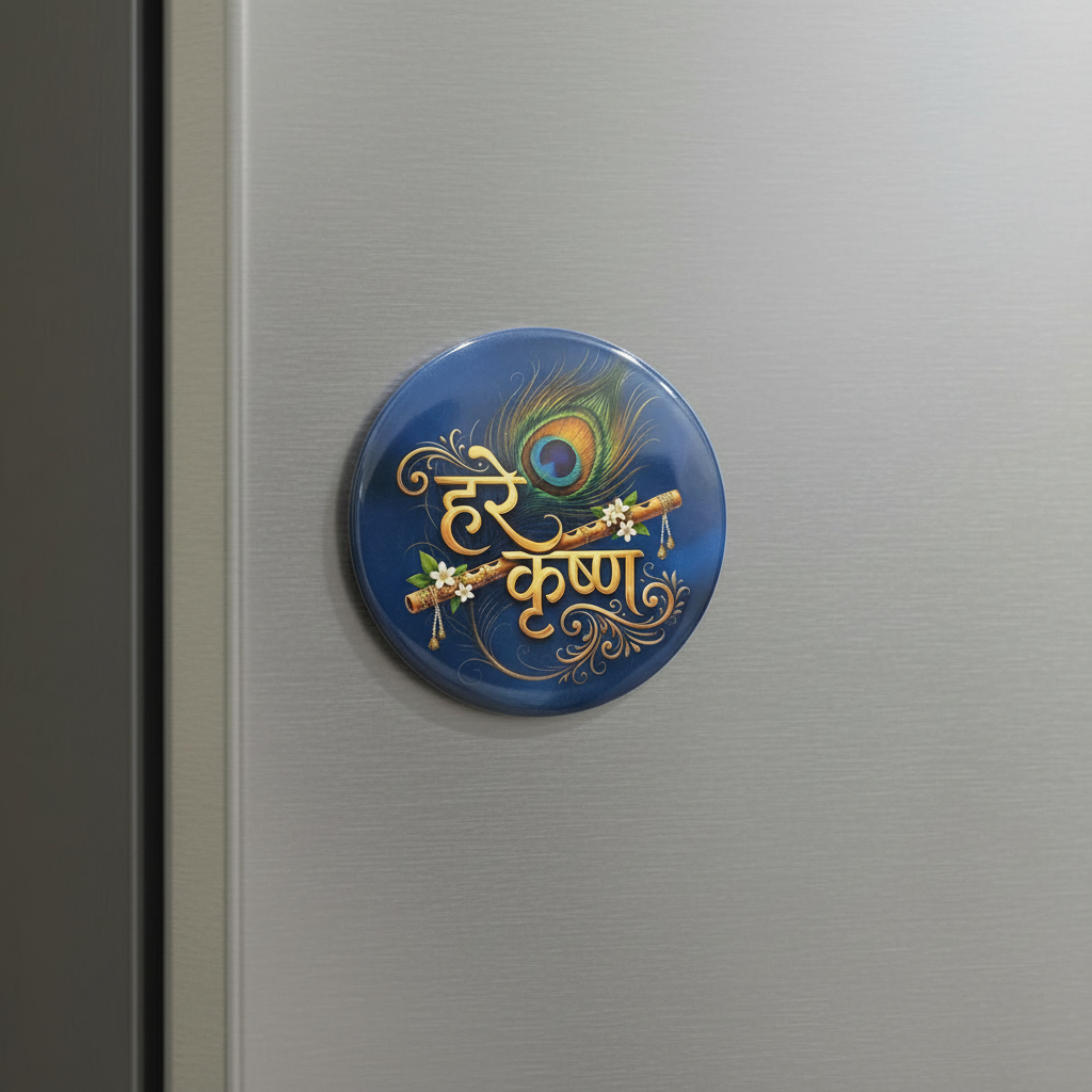 Hare Krishn Round Shaped Pin Badge and Fridge Magnet