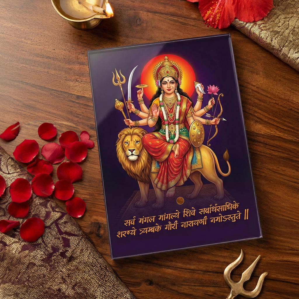 Maa Durga Acrylic Photo Frame with Golden Standoff