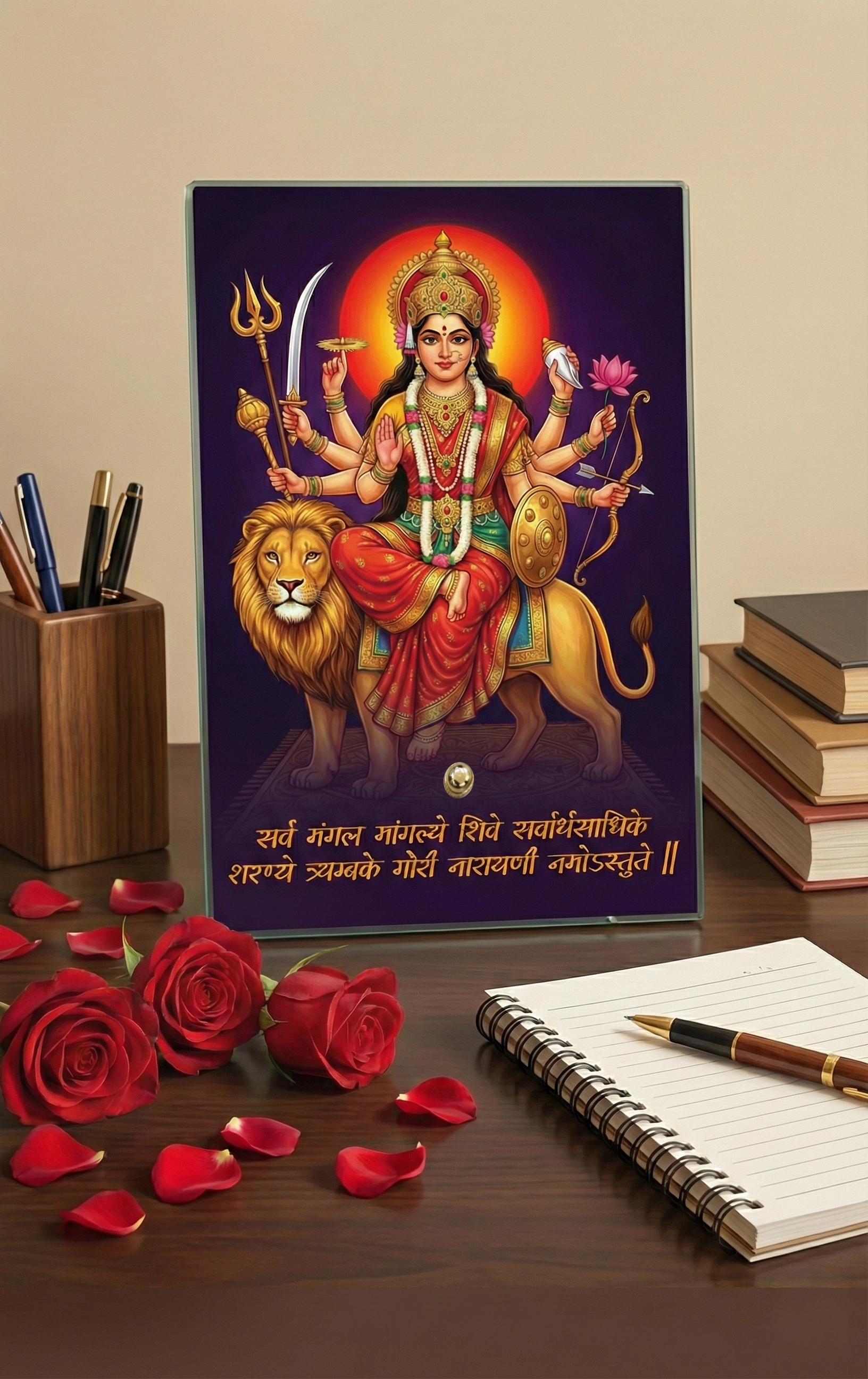 Maa Durga Acrylic Photo Frame with Golden Standoff