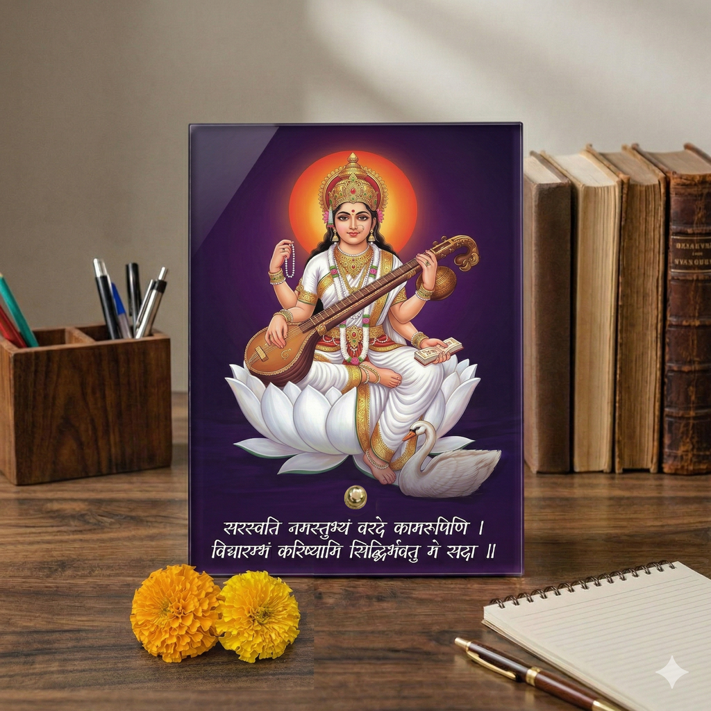 Maa Saraswati Acrylic Photo Frame with Golden Standoff