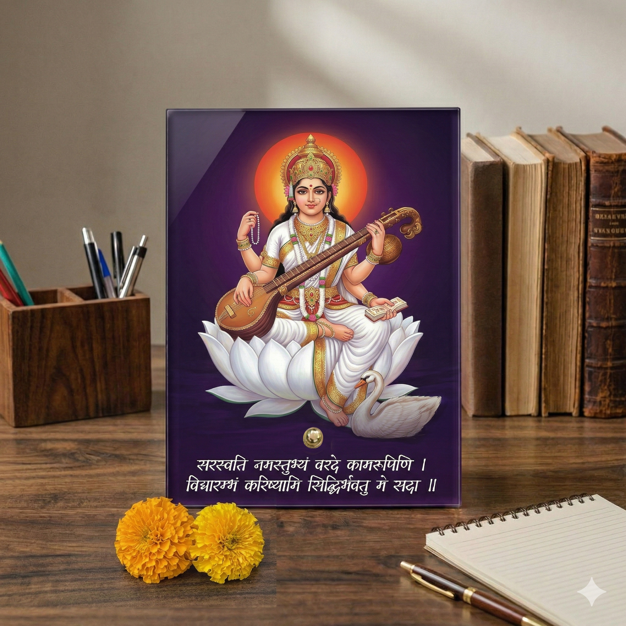 Maa Saraswati Acrylic Photo Frame with Golden Standoff