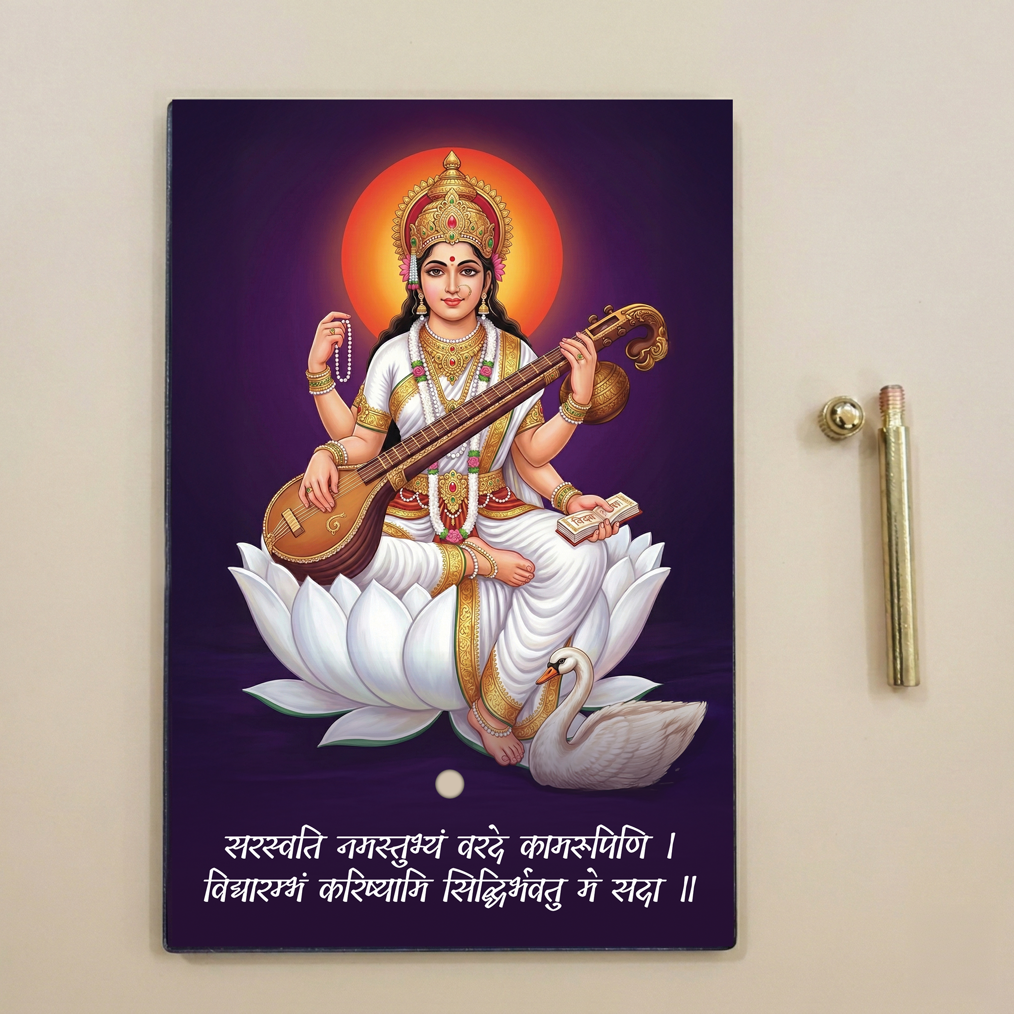 Maa Saraswati Acrylic Photo Frame with Golden Standoff