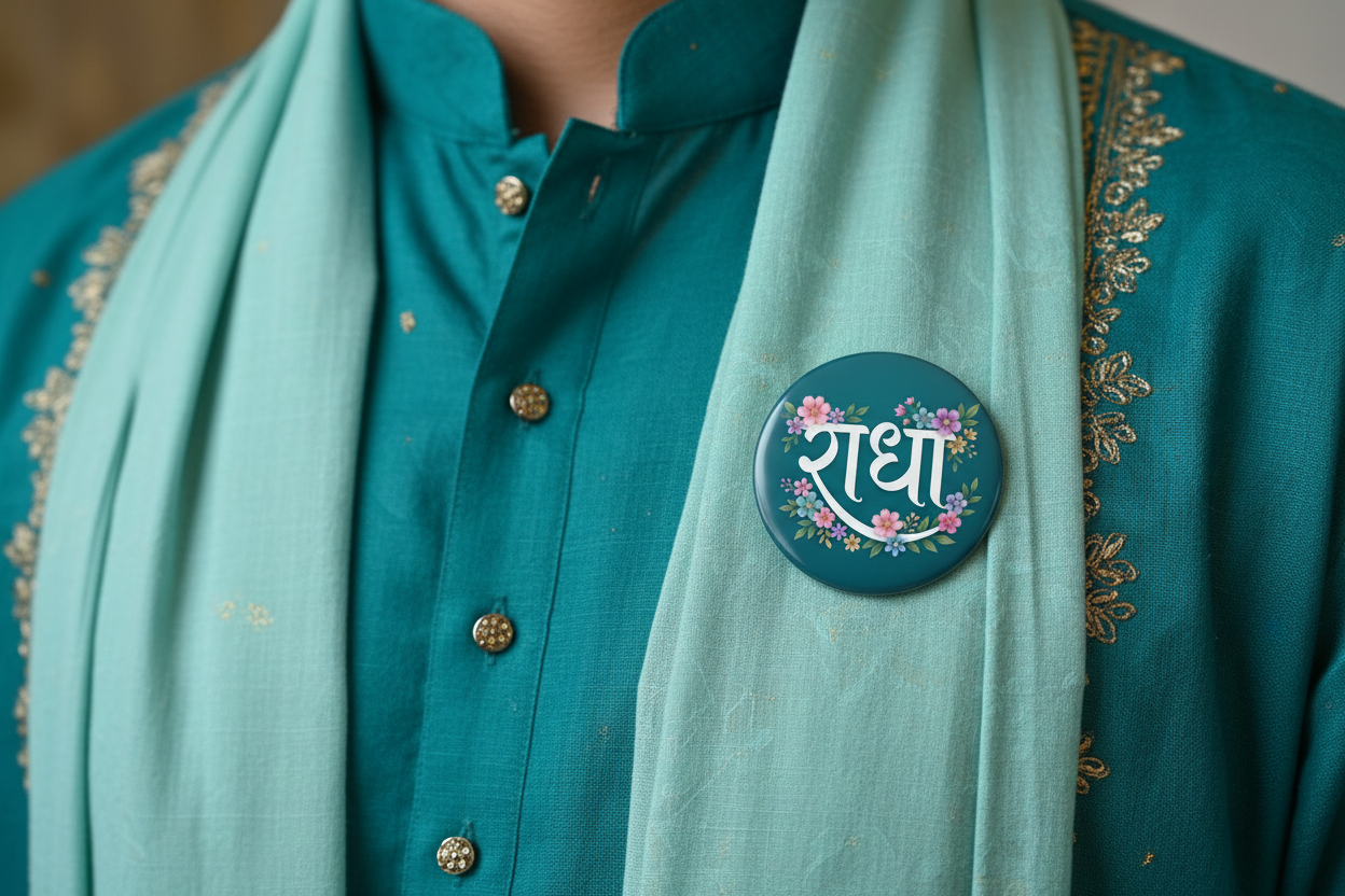 Radha Naam Round Shaped Pin Badge and Fridge Magnet