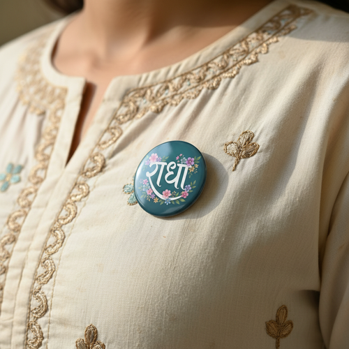 Radha Naam Round Shaped Pin Badge and Fridge Magnet