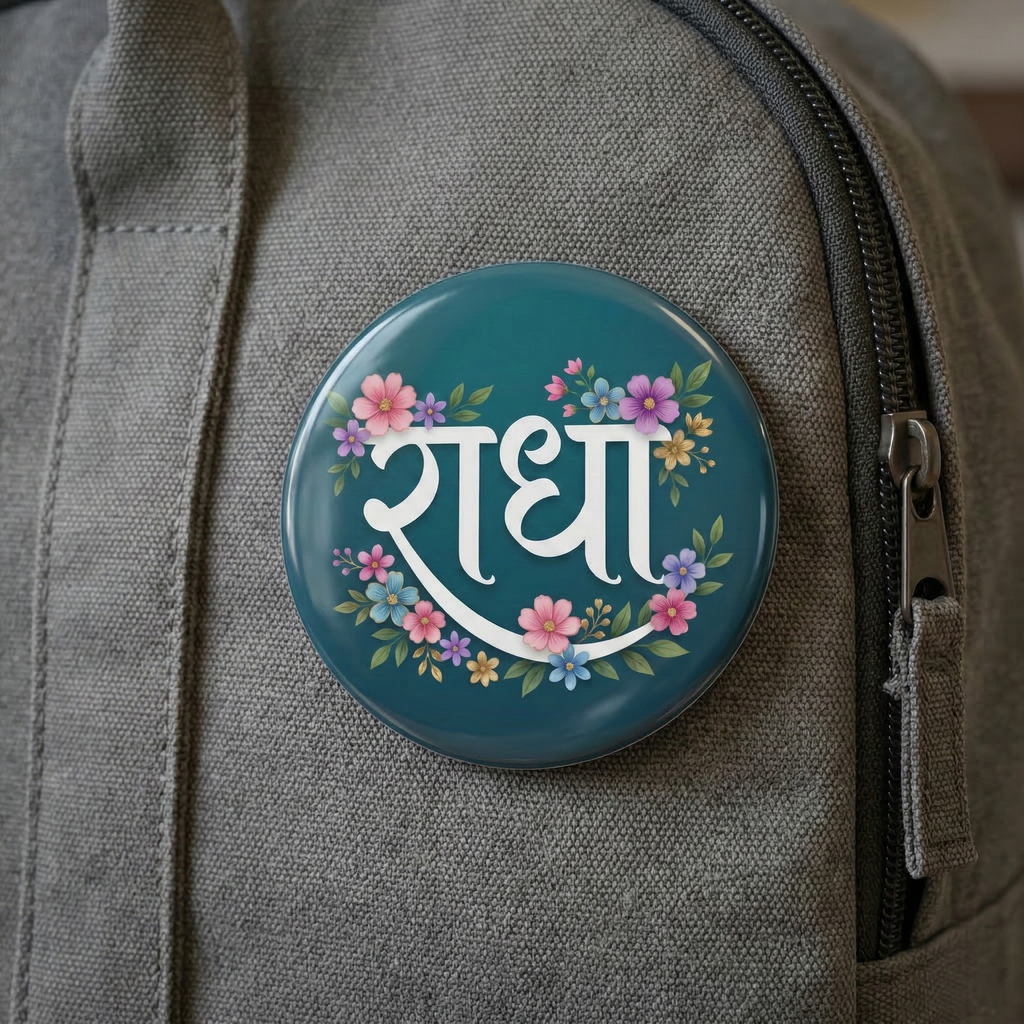 Radha Naam Round Shaped Pin Badge and Fridge Magnet