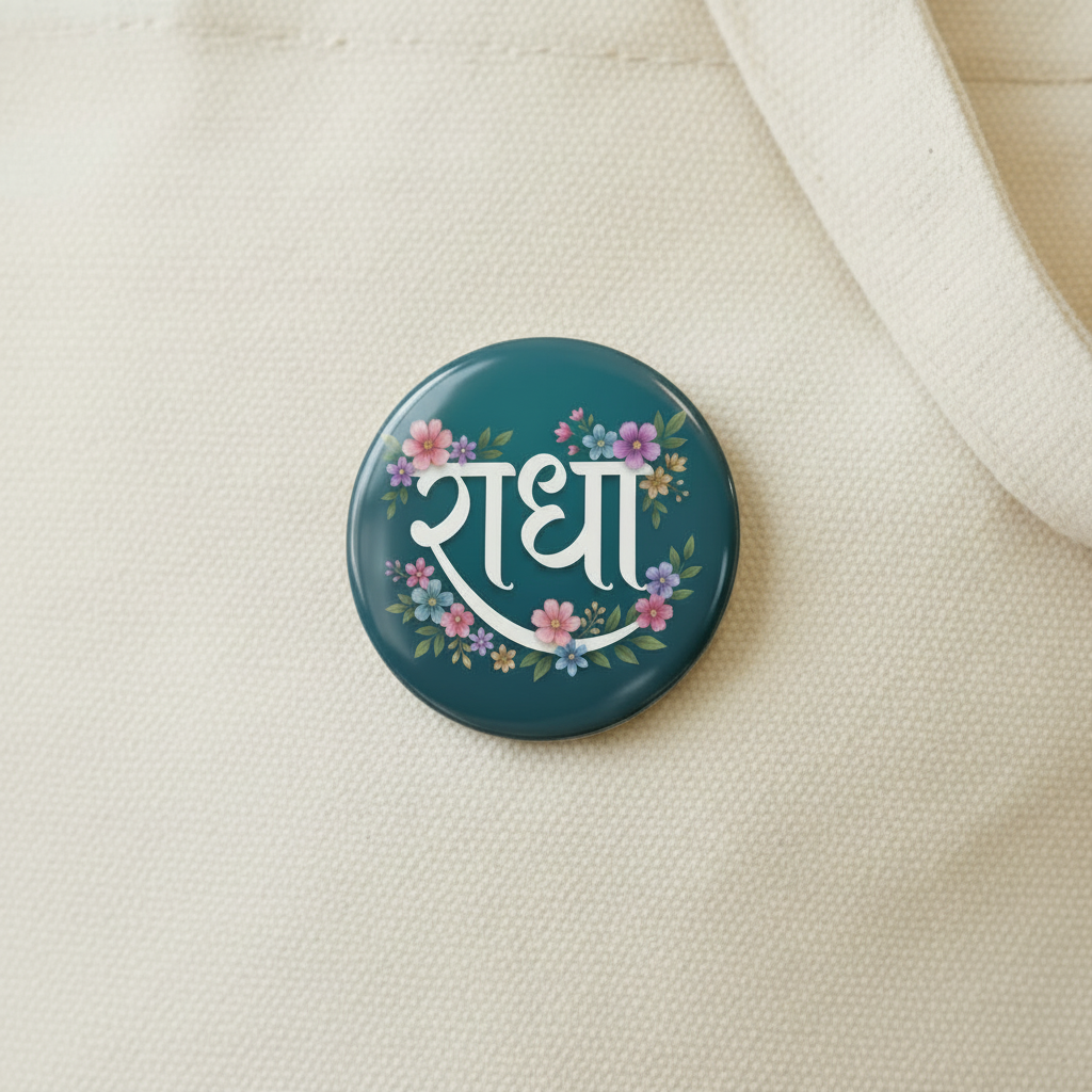 Radha Naam Round Shaped Pin Badge and Fridge Magnet