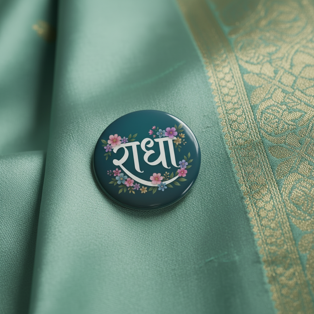 Pin Badge with floral design and text on a gray fabric surface
