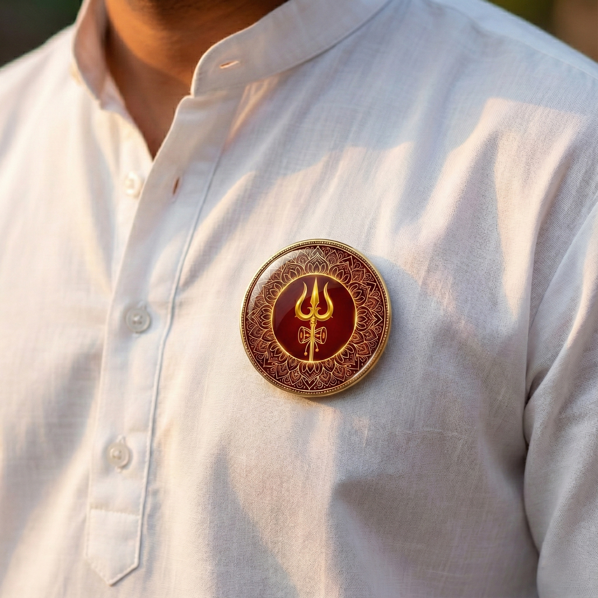 Trishul and Damru Round Shaped Pin Badge and Fridge Magnet