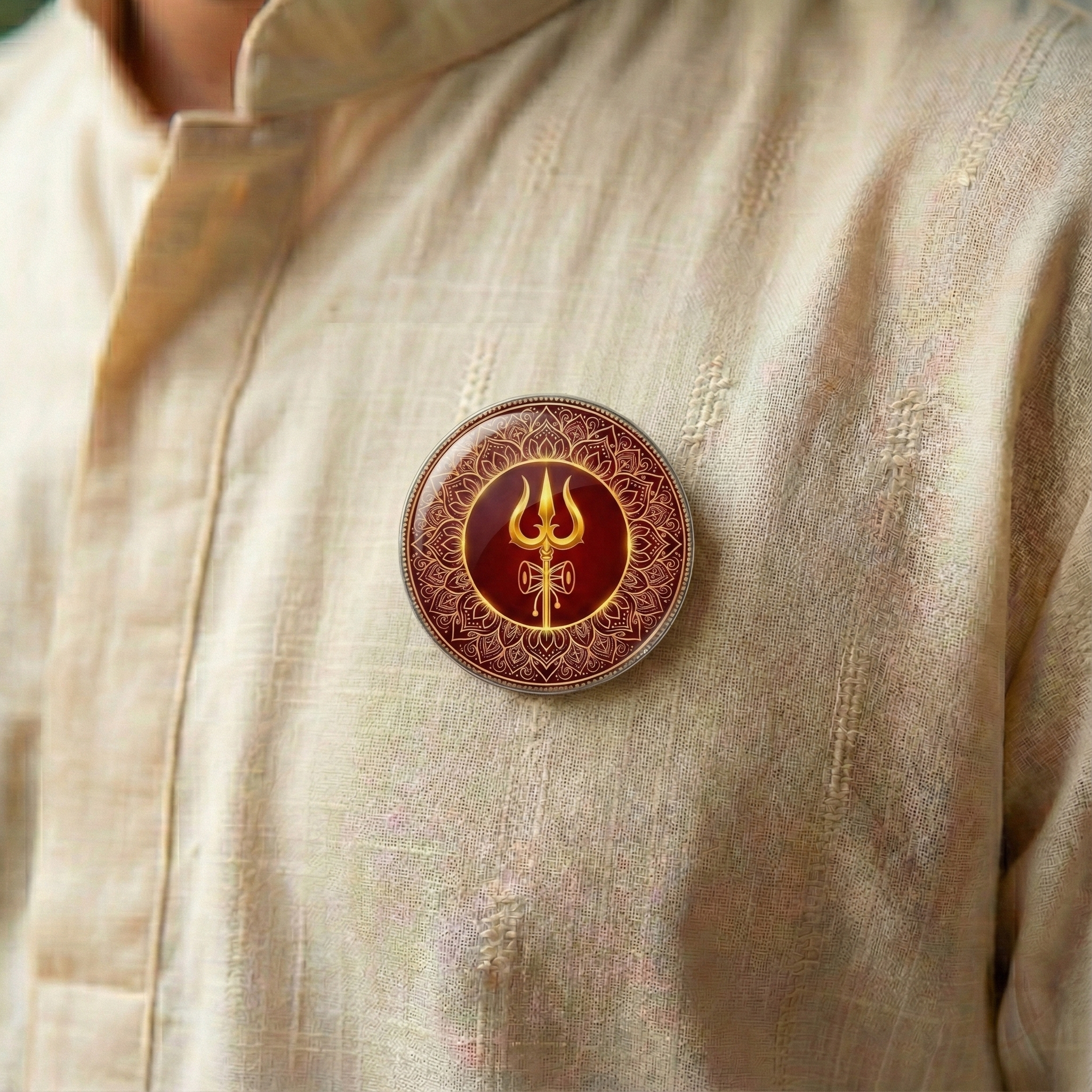 Trishul and Damru Round Shaped Pin Badge and Fridge Magnet