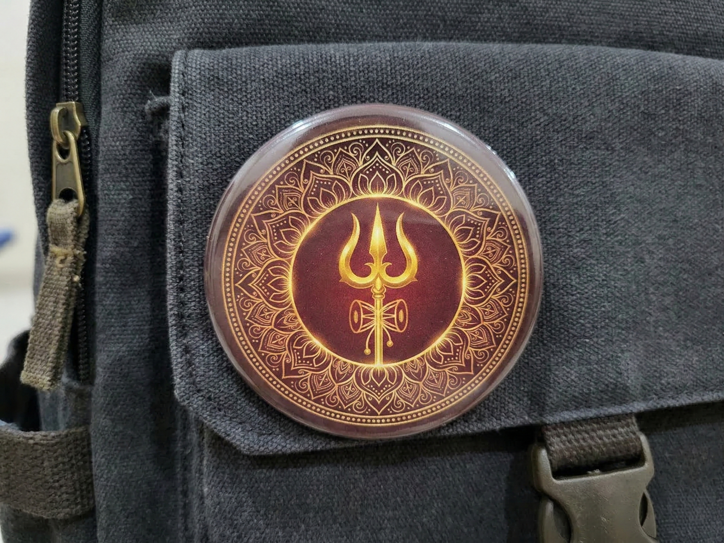 Trishul and Damru Round Shaped Pin Badge and Fridge Magnet