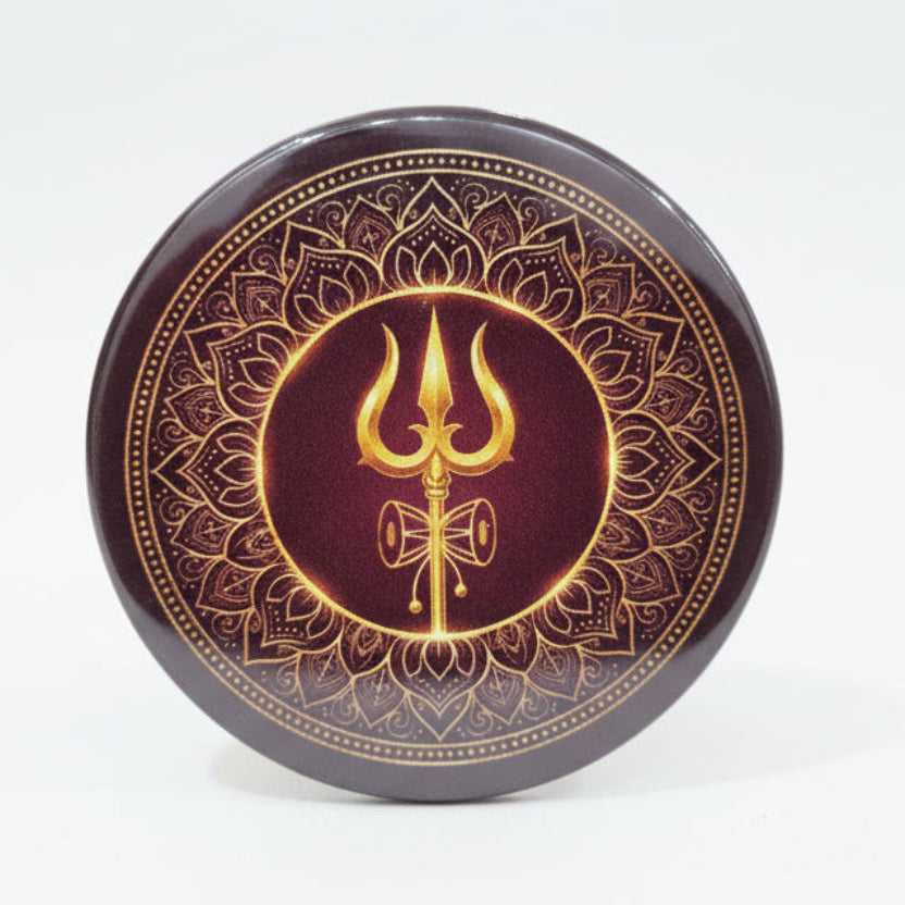 Trishul and Damru Round Shaped Pin Badge and Fridge Magnet