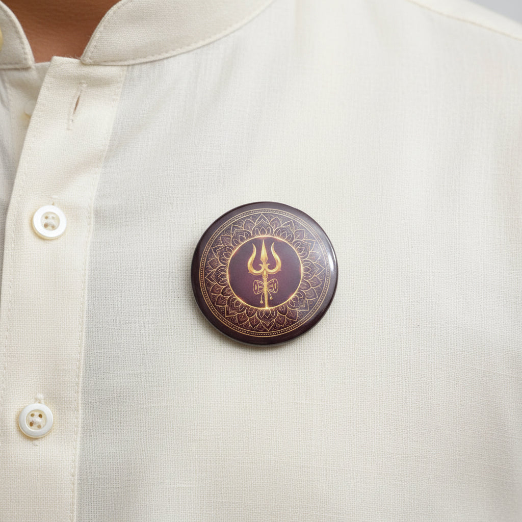Round decorative item with a trident symbol and mandala design on a white background.