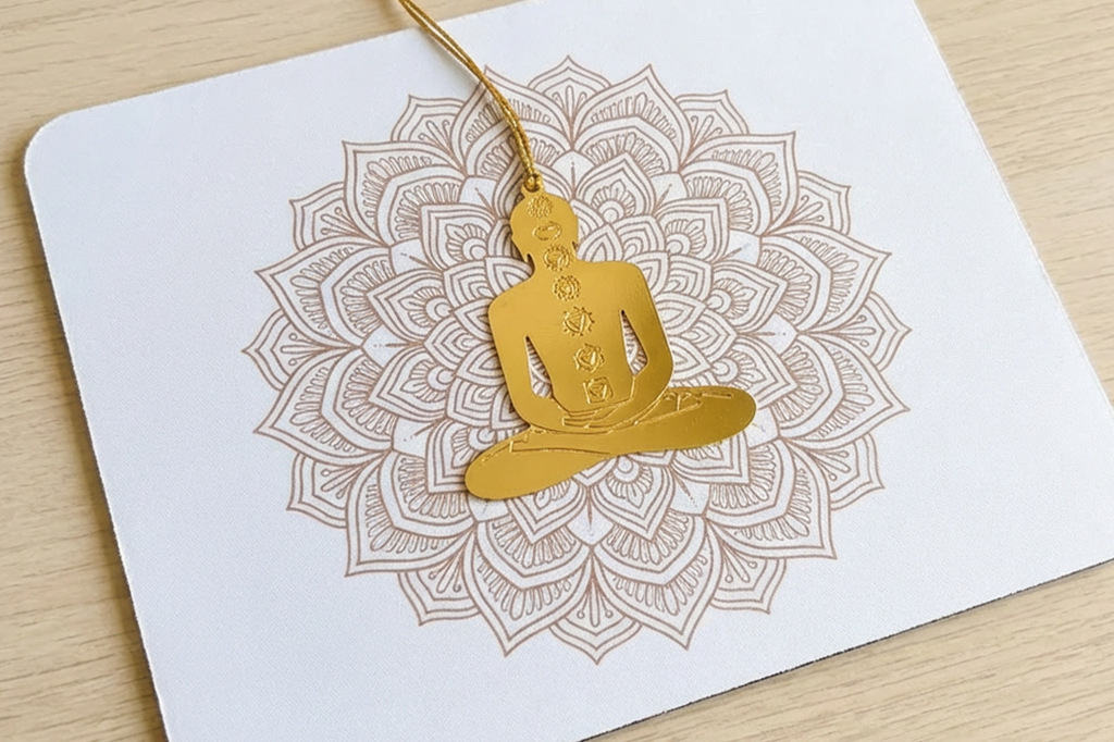 Yog, Meditation and Seven Chakras  - Metal Bookmark with Golden Thread and Tassel